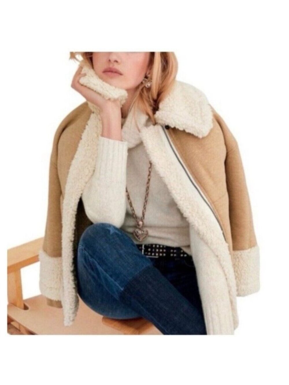 CABI McQueen Jacket Faux Shearling Full Zip Tan Sz L #3908 EUC